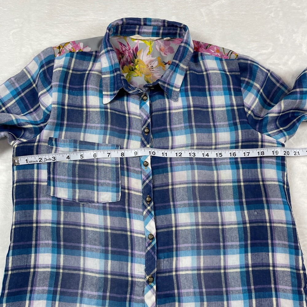 Soft‎ Surroundings Plaid Floral Embroidered Mesh Back Shirt Blue Pink Small Flaw - Picture 12 of 16